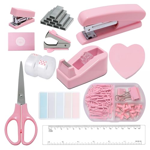 LunaBeam Pink Office Supplies Set, 11-Piece Stationery Kit: Stapler, Tape Dispenser, Tapes, Scissors, Staple Remover, Binder Clips, Push Pins, Sticky Notes, Ruler, and Tabs for Students, Teachers