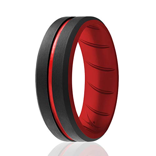 ROQ Silicone Rubber Wedding Ring for Men, Mens Wedding Band, Breathable Rubber Engagement Band, 2 Thin & Middle Lines, Beveled Edge & Engraved Duo, Multi Colors