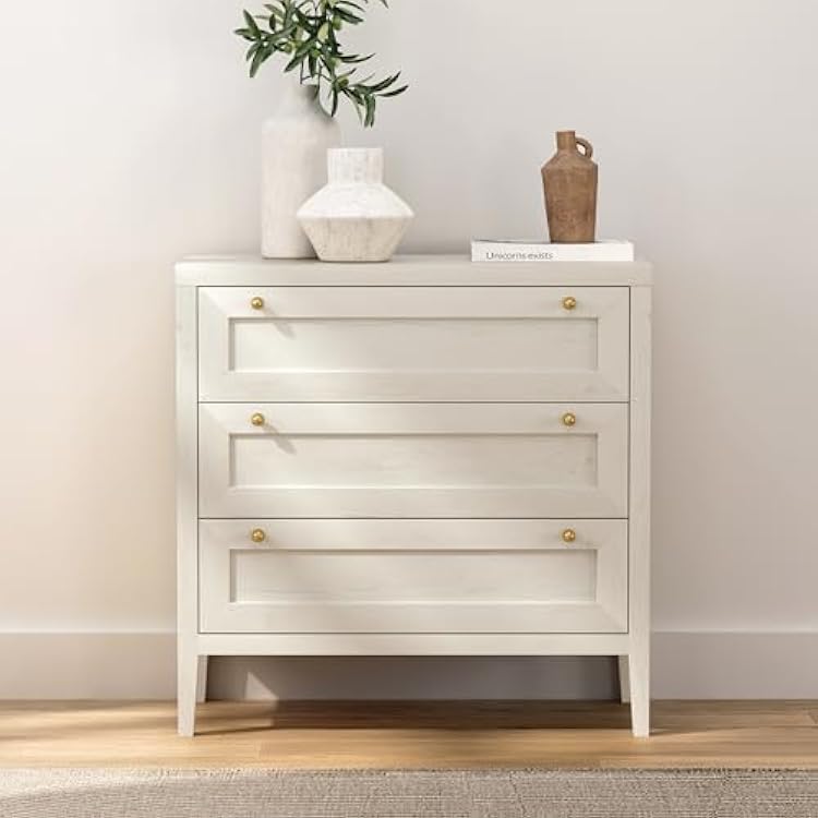 3 Drawer Dresser for Bedroom, Modern Farmhouse Chest of Drawers with Golden Handles, Large Wood Tall Nightstand, Storage Dresser Cabinet Side Table for Living Room, Hallway, Antique White