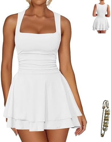 Women Square Neck Sleeveless Tiered Ruffle Mini Dress 2026 Stretchy A Line Short Summer Dress with Shirred Waist