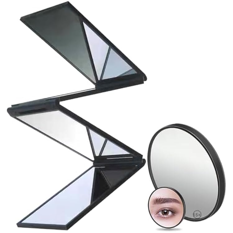 Foldable Makeup Mirror 4 Barber Mirrors, 360 Degree Handheld Desktop DIY Haircut Tool,Styling, Grooming,Portable Foldable Makeup Mirror,Plus 15X Magnifying Mirror