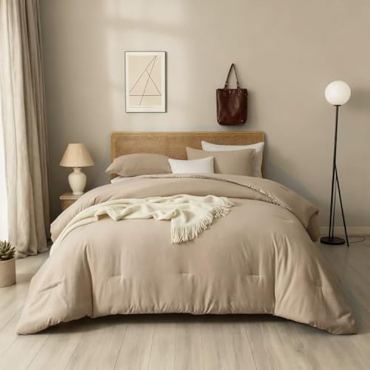 Khaki Washed Comforter Set King Size All Season Lightweight Breathable,3 Pcs 1 Comforter and 2 Pillowcases,Soft Warm Fluffy Reversible King Bedding Set Bed Set 104X90