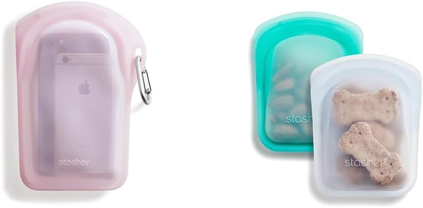Stasher Reusable Silicone Storage Bags Pink Go Bag  Clear & Aqua Pocket 2-Pack