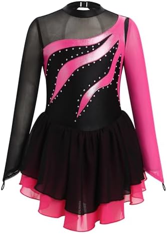 Girl Figure Skating Dress Metallic Sheer Mock Neck Ice Skating Teen Rhythmic Gymnastics Leotard with Chiffon Skirt