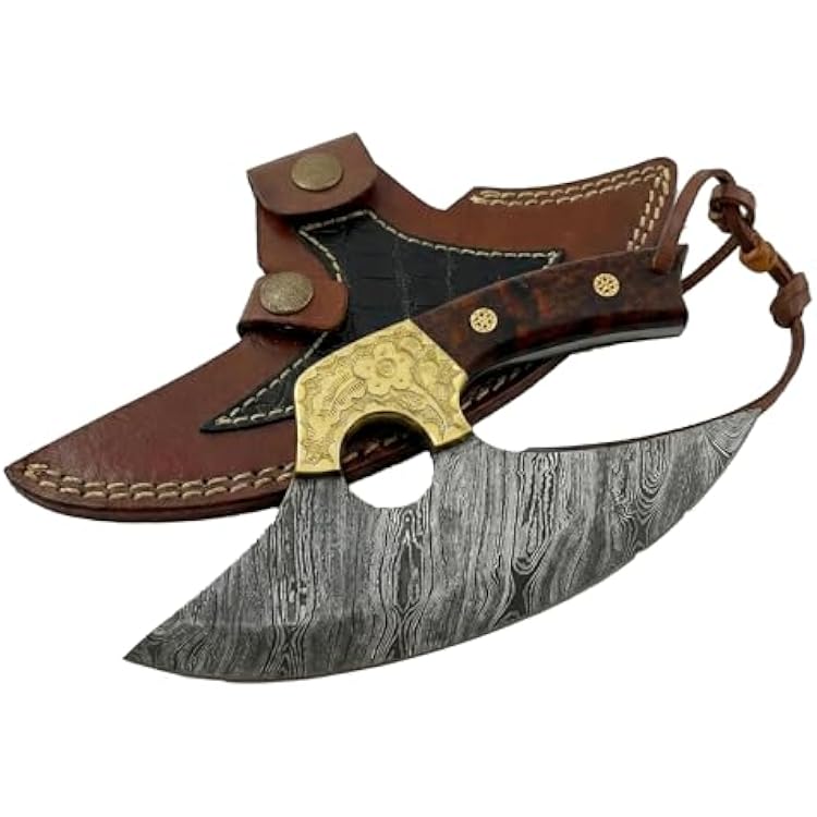 Dessi Alaskan Ulu Knife Damascus Steel Rocker Blade for Chopping Mincing Slicing, Rose Burl Wood Handle Engraved Brass Bolster, Leather Sheath & Lanyard, Kitchen Mezzaluna Cutter SM145