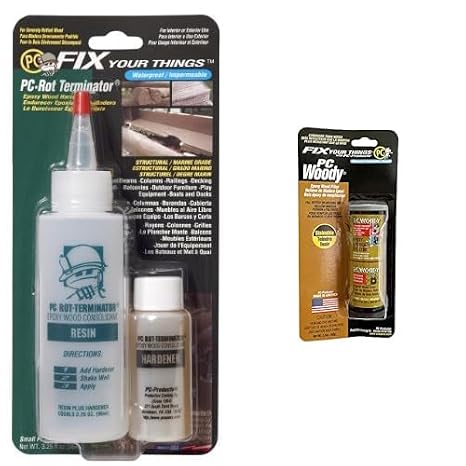PC Products Wood Repair Bundle, PC-Rot Terminator Epoxy Wood Hardener, Two-Part 3.25 oz, Amber & PC-Woody Wood Repair Epoxy Paste, Two-Part 1.5 oz, Tan