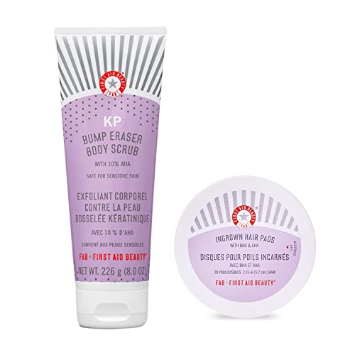 First Aid Beauty - Exfoliating Bundle: KP Bump Eraser Scrub & Ingrown Hair Pads with 10% BHA and AHA, Daily Exfoliating Skin Treatment, Keratosis Pilaris Cleanser, Reduce Bumps, 8oz, 28 Pads, 2ct