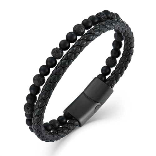 Mens Tiger Eye Matee Black Onyx Lava Rock Volcanic Stone Beaded Bracelet, Black Braided Leather Bracelet for Men