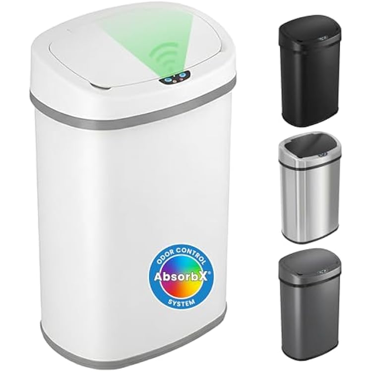 iTouchless 13 Gallon Oval Motion Sensor Garbage Container with Odor Filter, 50L Touchless Stainless Steel Kitchen Bin, Smart Automatic Lid, Fingerprint-Proof, Soft-Close, Brilliant White