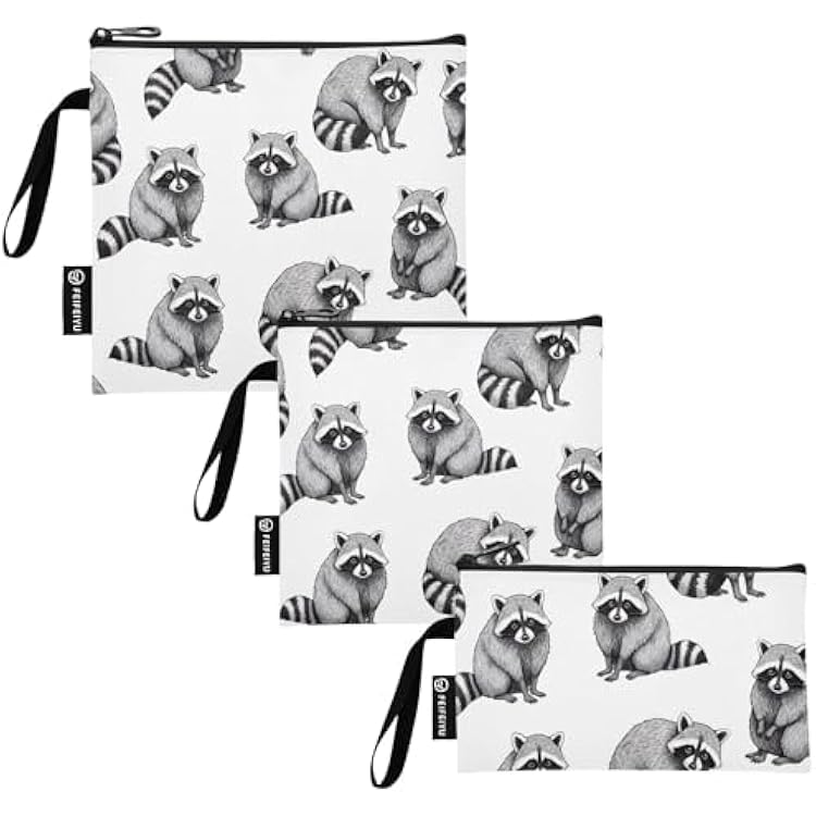 Cute Raccoons Gray Reusable Sandwich Snack Bags Washable Fabric Food Storage Bags with Zipper for Kids Students Adults Set of 3: SML