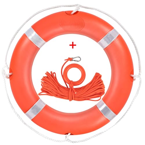 Life Preserver Ring 2328, Boat Safety Throw Rings with Bracket, Orange Buoy with Rope 98.5 FT and Reflective Tape for Boat
