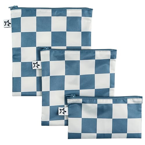 Tiny Twinkle Reusable Snack Bags for Kids 3 Pack Snack Pouches & Sandwich Bag for Toddlers Machine Washable, Mess-Proof for Lunch & Travel Blue Checkers
