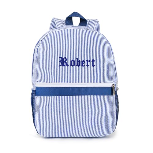 MT WORLD Toddler Backpack Personalized Daycare Backpack for Boys 5-8 Seersucker Kids Backpack Preppy Elementary Packpacks Kids Bookbags for Daily School Birthday Gifts Blue
