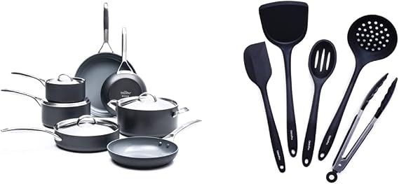 GreenPan Paris Pro Hard Anodized Healthy Ceramic Nonstick, 11 Piece Cookware Pots and Pans Set with Stainless Steel Lids, PFAS-Free, Dishwasher Safe, Grey & Cooking Tools 5 Piece Utensil Set, Black