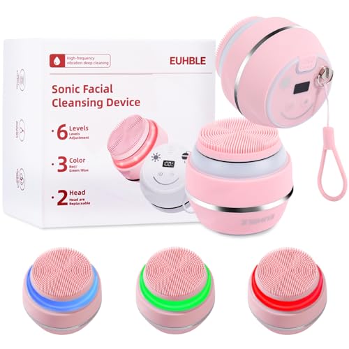 Electric Facial Cleaner with 6 Modes & 3 Light Effects, Rechargeable Waterproof Face Scrubber for Women and Men, Includes Extra Brush Head, Easy-Clean Hanging Design (Pink)