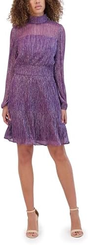 kensie Womens Balloon Sleeve Mock Neck Shimmer Mini Dress