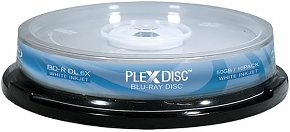 645-212 50 GB 6X Blu-ray Double Layer White Inkjet Recordable Disc BD-R DL, 10-Disc Spindle | White inkjet printable surface for full-color labels. Blank Discs for Burning Video, Music, Photos, Data. Spindle pack