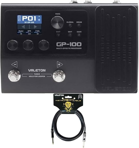 Valeton GP-100 + 10 ft Cable Bundle Guitar Bass Amp Modeling IR Cabinets Simulation Multi Language Multi-Effects with Expression Pedal Stereo OTG USB Audio Interface (BLACK)