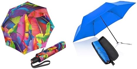 Knirps Emergency Pack - T.200 Duomatic Automatic Open Close Rain Umbrella & X4U Small and Compact Design for Travel and All Weather Protection with Travel Case, Palm Multicolor & Neon Blue