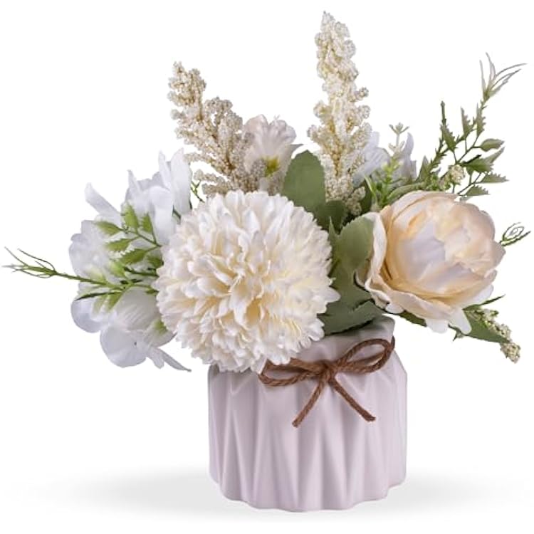 Artificial Potted Flowers White, Small Ceramic Vase Fake Flower Plants Desktop Decoration Indoor for Home and Office, Faux Flowers Hydrangea Decora for Table,Bookshelf,Bedroom,Living Room.White