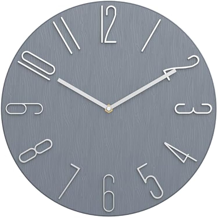 12 Inch Wall Clock Silent Non Ticking, 3D Relief Numbers Modern Style Decor Clock for Living Room Bedroom Kitchen Home Office School Blue Grey