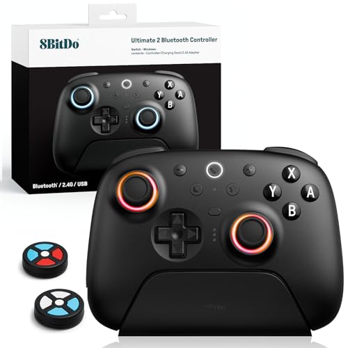 8Bitdo Ultimate 2 Bluetooth Controller TMR Joystick Update, RGB Fire Ring, Switchable Hall EffectTactile Triggers, Vibration and Motion Control for SwitchSwitch 2, Windows PC Black