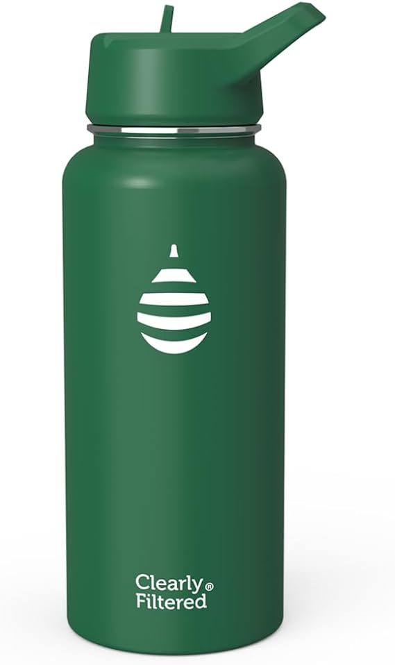 Clearly Filtered Water Bottle | Removes 220+ Contaminants, Double-Wall Insulated Stainless Steel, BPA/BPS Free, Phthalate Free, Filters Flouride Lead Chlorine (32oz, Evergreen) | Insulated Stainless Steel, Reduces Fluoride, Lead, Chlorine, Straw Lid, BPA Free, Leak Proof, Hiking, 220+ Filtered