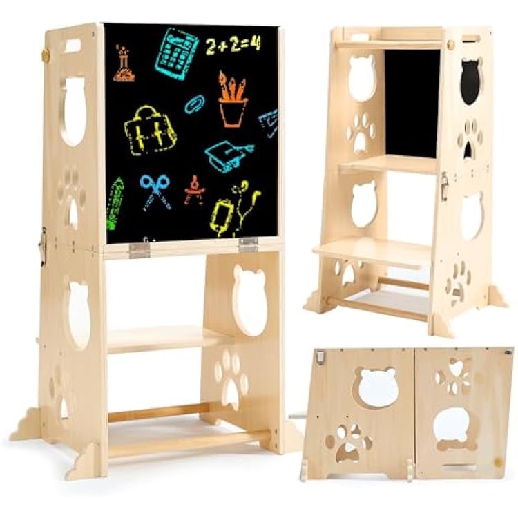 Collapsible Toddler Kitchen Step Stool With Chalkboard, Safety Rail, and Standing Tower for Kids 1-3