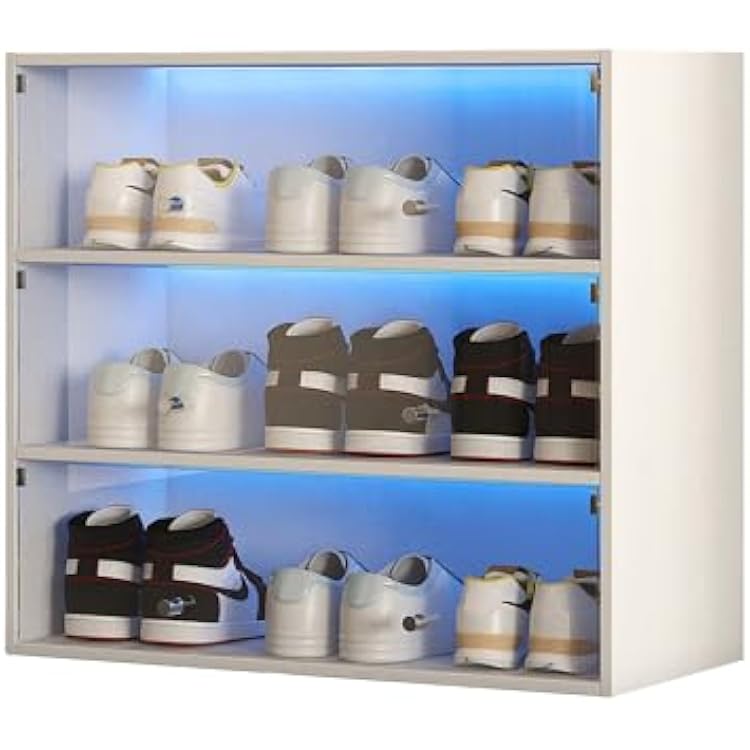 Shoe Box with RGB LED Light, Wooden Stackable Shoe Storage Bin Shoe Display Case for Sneakers with Glass Door White, 3 Tier