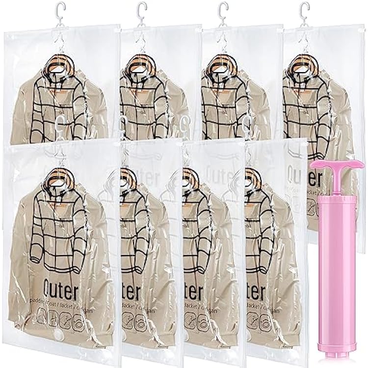 Windyun 8 Pcs Reusable Hanging Vacuum Storage Bags for Clothes Hanging Compressible Storage Bag with Air Hand Pump Seal Outer Coat Vacuum Bags for Jacket Clothing Packing Storage Organization Medium