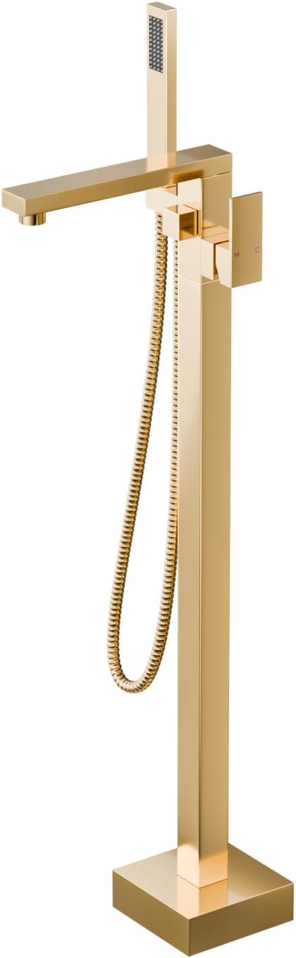 Freestanding Tub Faucets Brushed Gold, Spa Feel Floor Mount Bathtub Faucet | Brass Freestanding Bathtub Faucet For Luxury Bathroom, High Flow Waterfall Tub Filler, 360Swivel Spout & 59" Handheld Shower