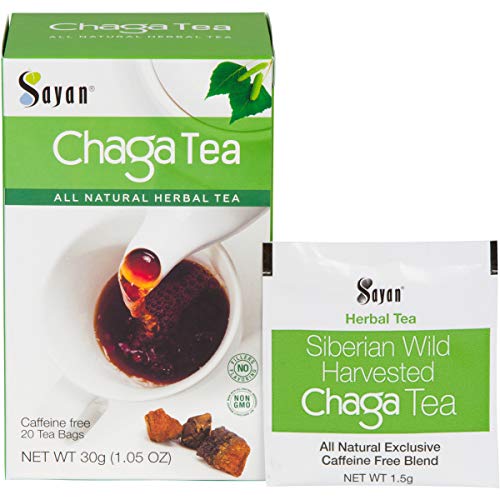 Sayan Siberian Chaga Mushroom Tea 1.05 Oz  30g 20 Unbleached Bags, Wild Harvested Organic Antioxidant No Caffeine. Raw and Extract Blend. Immune, Digestion Support. Detox, Focus Energy Boost