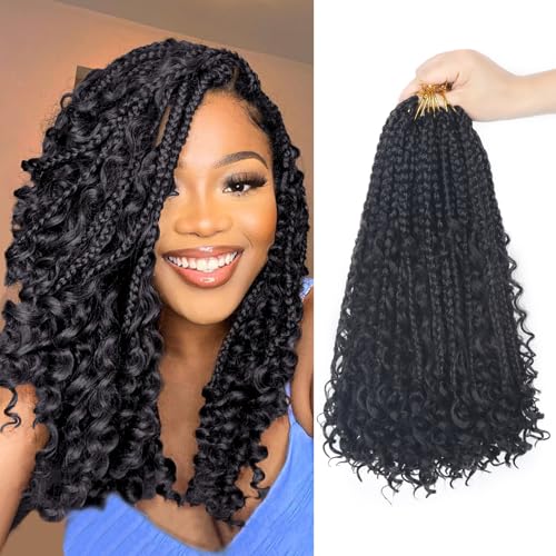 Goddess Box Braids Boho Crochet Hair - 14Inch Pre-Looped Box Braids With Curly Ends 14 Inch, Pack of 8, #1B