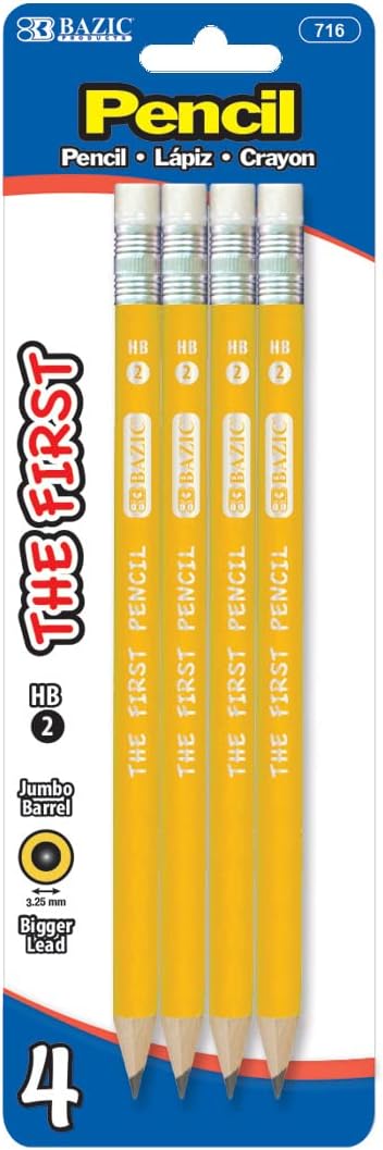 BAZIC Pencil Wood Pre-Sharpened #2 HB Jumbo Pencils, Latex Free Eraser, Premium Wood Pre Sharpened Yellow Pencils for School Office (4/Pack), 1-Pack