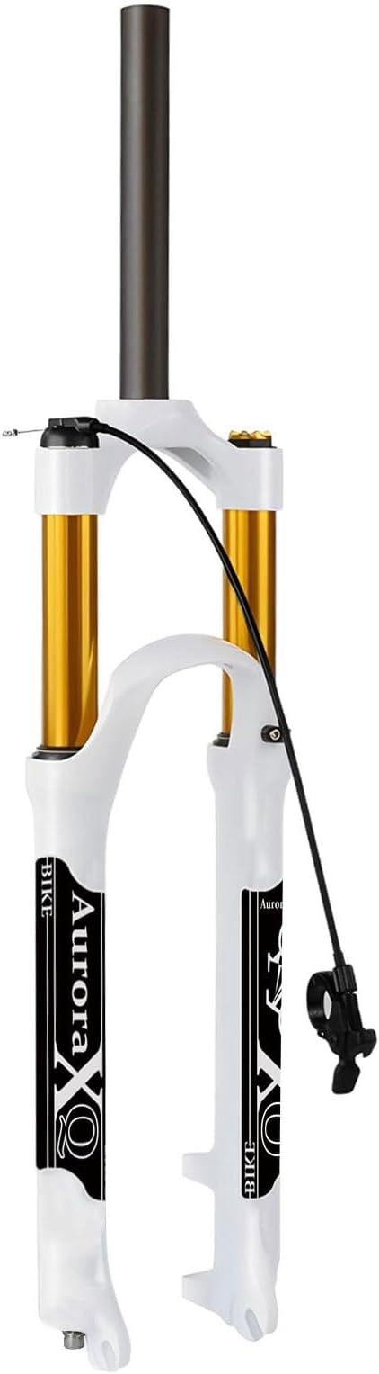 XQ 26/27.5/29 Remote Lockout Air Mountain Bike Suspension Fork, Travel 140mm 1 1/8 Straight Tube QR 9mm XC AM Rebound Adjust MTB Front Forks(White/Gold,26 inch)