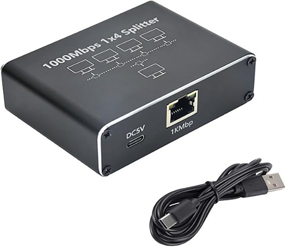 Gigabit Ethernet Splitter 1 to 4 - Network Splitter with USB Power Cable, RJ45 Internet Splitter Adapter 1000Mbps High Speed for Cat 5/5e/6/7/8 Cable [4 Devices Networked Simultaneously]