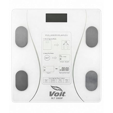 Voit BLT5000 Bluetooth Baskül - Dijital Akıllı Tartı - Yağ Ölçer Tartı - Pil ve Mezura Hediyeli Tartı - Beyaz