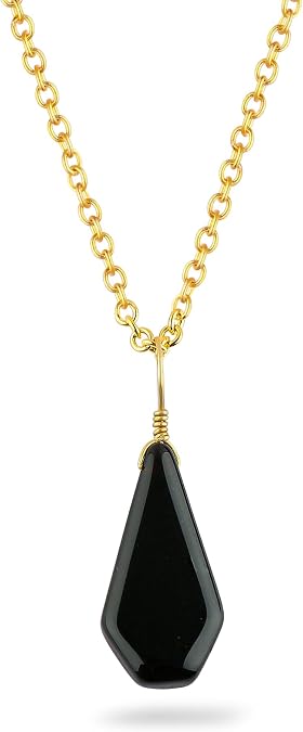 Natural Black Agate Gemstone Necklace, Polished Coffin Stone Dainty Pendant, Handmade Jewelry, Chakra & Reiki Healing Crystal, Gold Plated Chain, Christmas Gift for Her-18inch