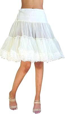 Malco Modes Tea-Length Chiffon Crinoline Petticoat Underskirt Full Slip w Lace, Small, Ivory