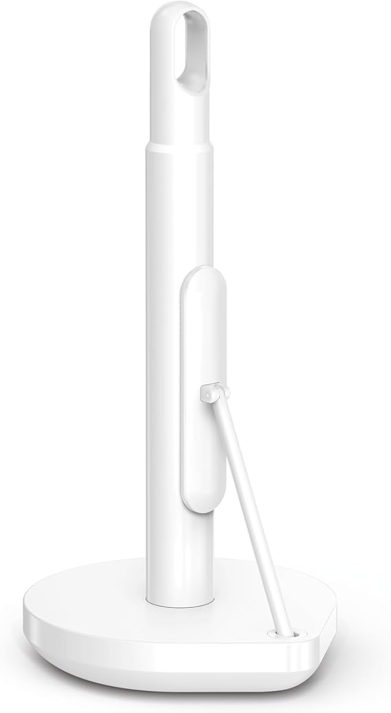 simplehuman Tension Arm Countertop Paper Towel Holder, Easy One-Handed Tear, Standing Weighted Base with Finger Loop, Heavy Duty, White Steel
