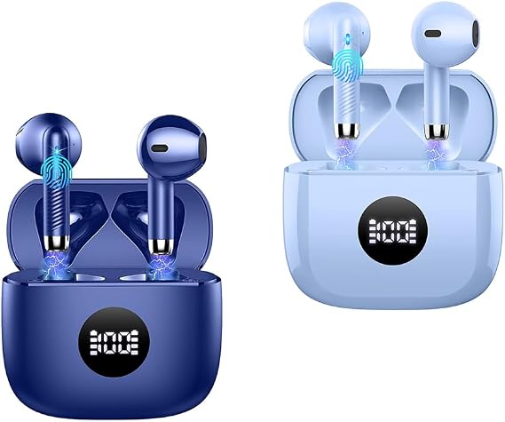 Jxrev J53 2 Pack Dark Blue and Purple Wireless Earbuds, Bluetooth Ear Buds LED Power Display Headphones Bass Stereo, Earbuds in-Ear Noise Cancelling Mic, 40H Playback Mini Case