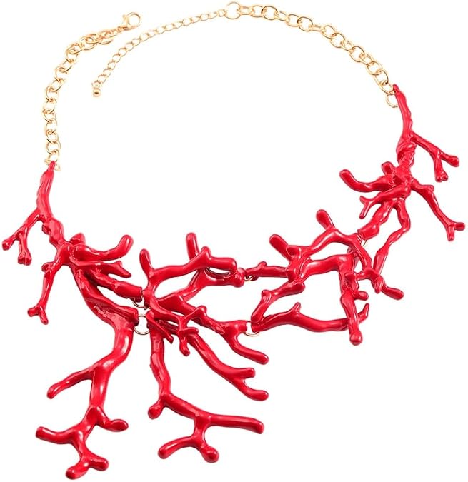 Goth Red Coral Pendant Choker Necklace for Women Elegant Long Chain Jewelry, as show