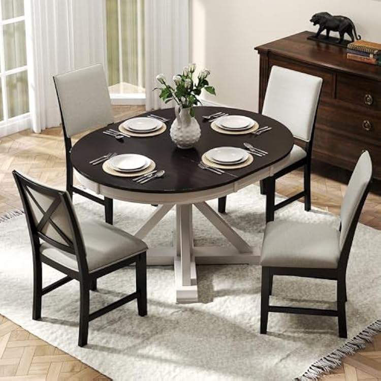 42-54 Extendable Dining Table for 4-6 People Farmhouse RoundOval Dining Room Table Solid Wood Kitchen Table with Cross Base BlackWhite