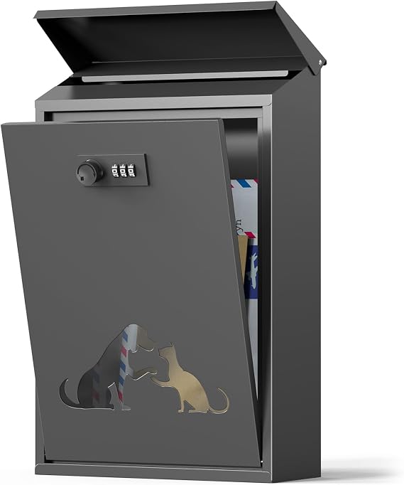 Post Boxes Wall Mounted Waterproof, Steel Mail Box Modern Delivery Letter Box for Outside with Combination Lock, Rain Cover, Viewing Windows, Lockable Large Letterbox, Black 40x25x10cm