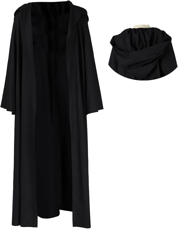 Mens Cosplay Costume Black Hooded Cloak Robe Halloween Outfit Wizard Uniform Suit