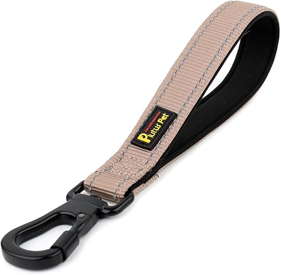 PLUTUS PET Short Dog Leash, Reflective Nylon Padded Handle, Strong Traffic Leash with Carabiner Clip, Perfect for Large or Medium Dogs (10,Beige)