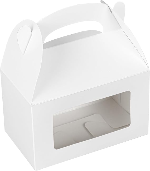 Restaurantware Gable Gift Boxes Pack of 100 Greaseproof Paper Treat Boxes 6 x 3.5 x 3.5 Inches With Window, Disposable Design White Containers for Weddings or Birthdays