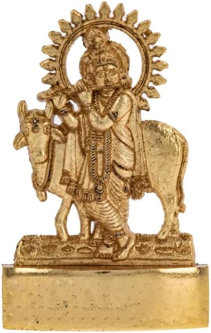 Lord Krishna Statue Murti Golden Metal Small Krishna with Flute Cow Hindu Indian God Idol for Car Dashboard Home Office Desk Mandir Temple Pooja Décor Diwali Wedding Gift (3 Inch - No Text)