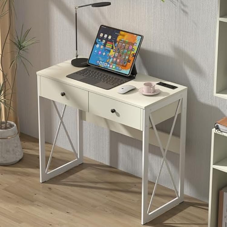 Manora Compact Computer Desk with Power Outlets, 2 Drawers, and Metal Frame, 31.5 Small Desk for Home Office, Study, or Makeup Area, White
