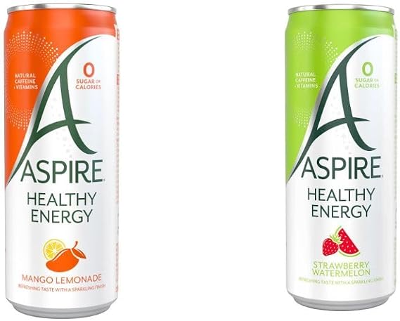 Aspire Healthy Energy Drink | Mix & Match, 12 Pack | Mango Lemonade & Strawberry Watermelon | No Calories, No Sugar, Natural Caffeine, Sparkling, Vegan, Keto-Friendly | Sold by Bargain Hub